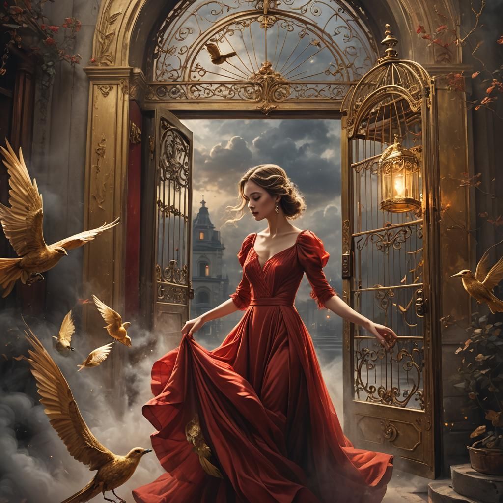 Woman Escapes Golden Cage: Romantic Digital Art
