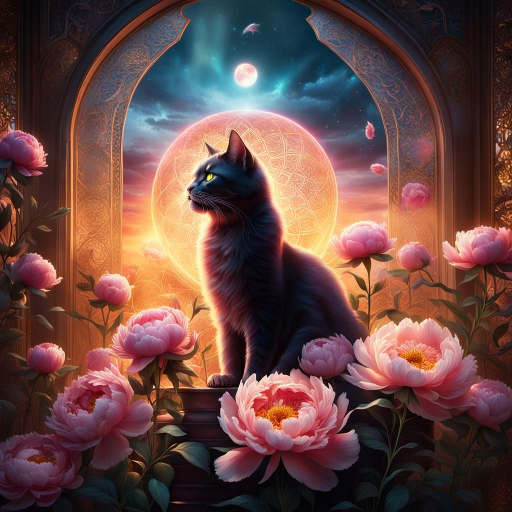 Mystical Cat Spirit Observes Peony: Digital Matte Painting