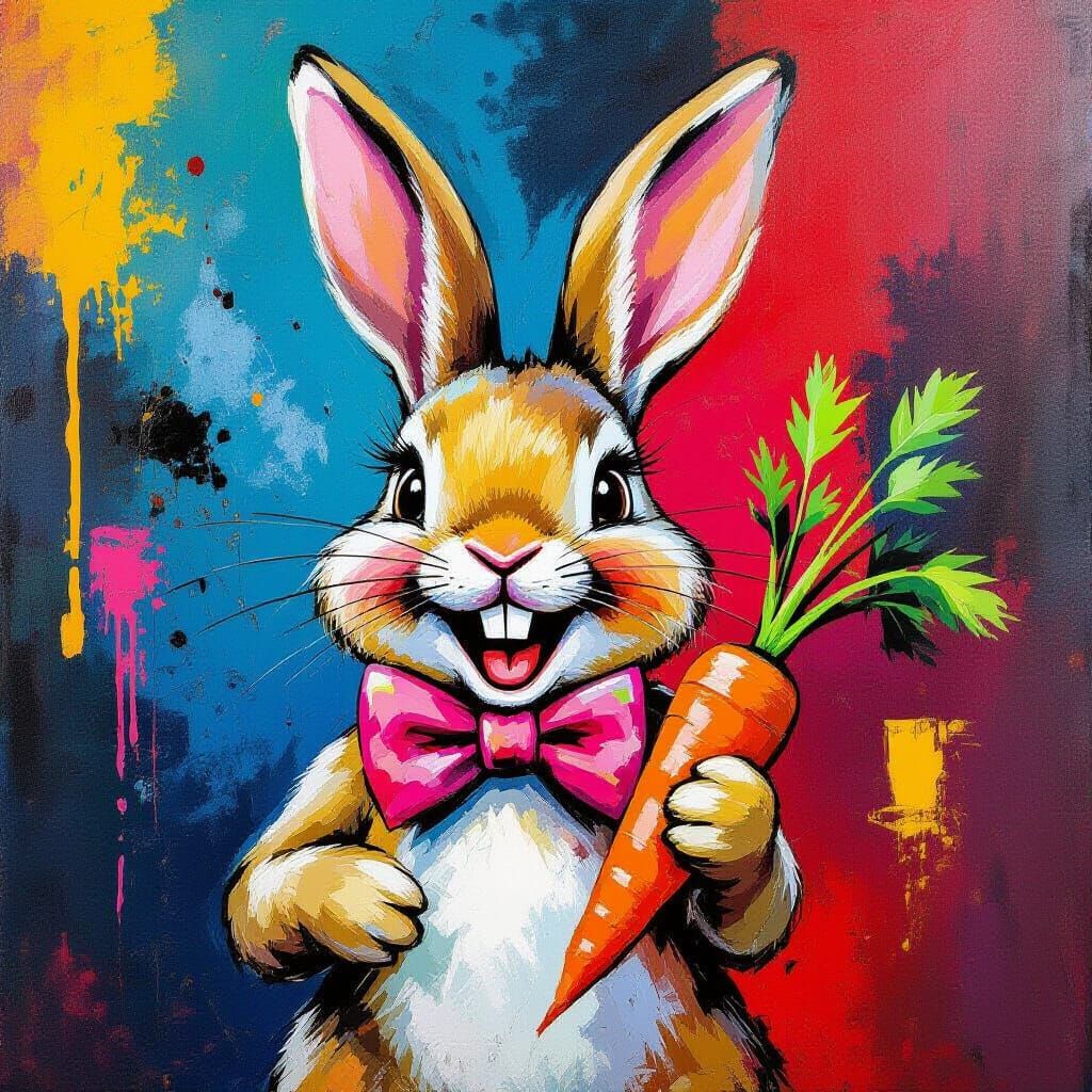 Laughing Bunny with Carrot in Abstract Expressionism Style