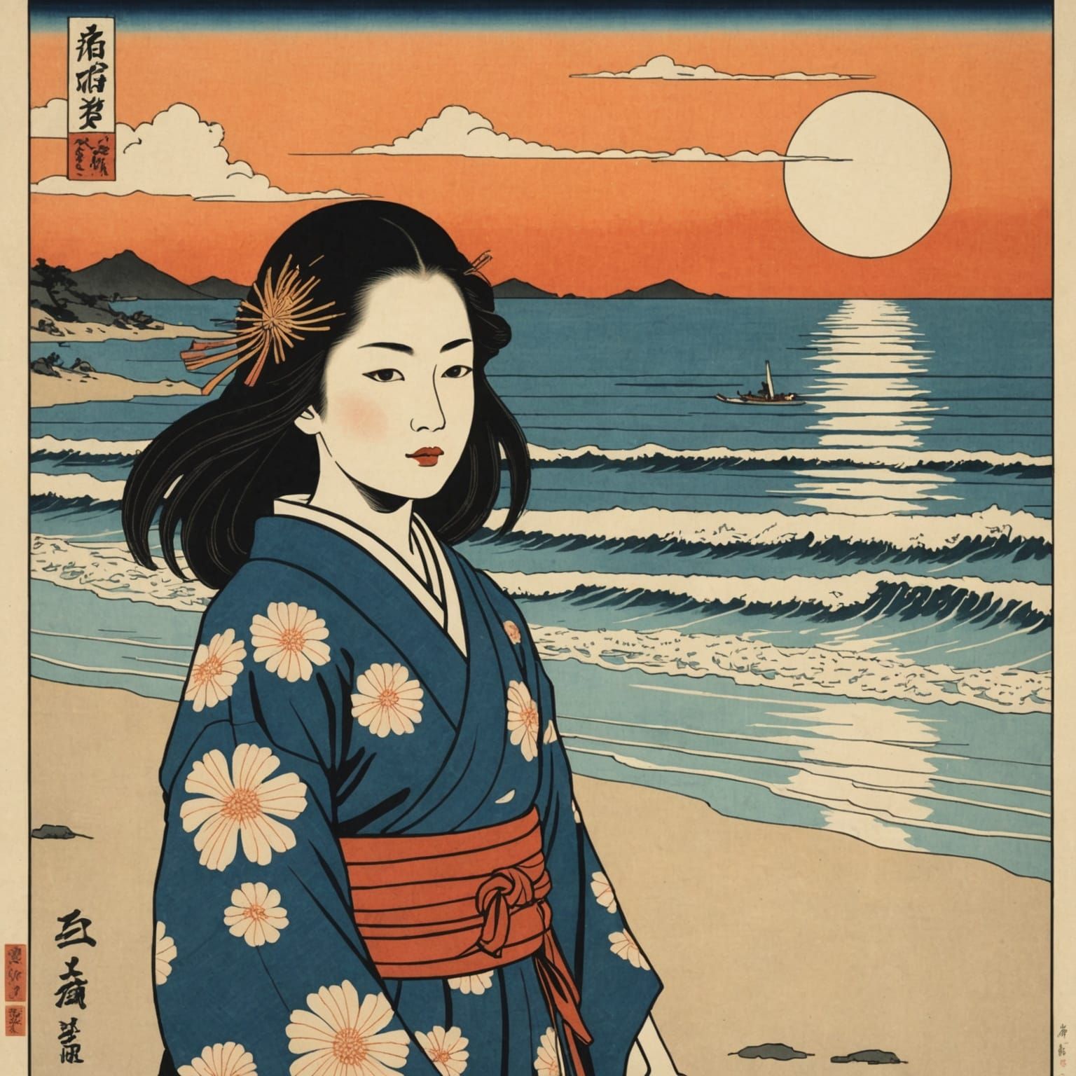 Ukiyo-e Style: Girl on Beach in Sunlight