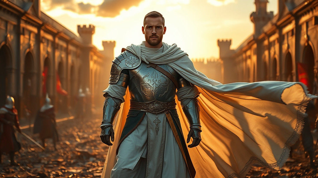 Medieval Soldier in Silver Armor and White Robes