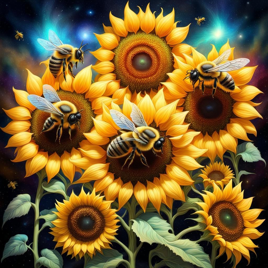Bees Pollinating Sunflowers in Cosmic Holographic Style