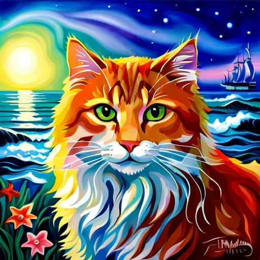 Majestic Cat Contemplates the Sea: A Digital Painting