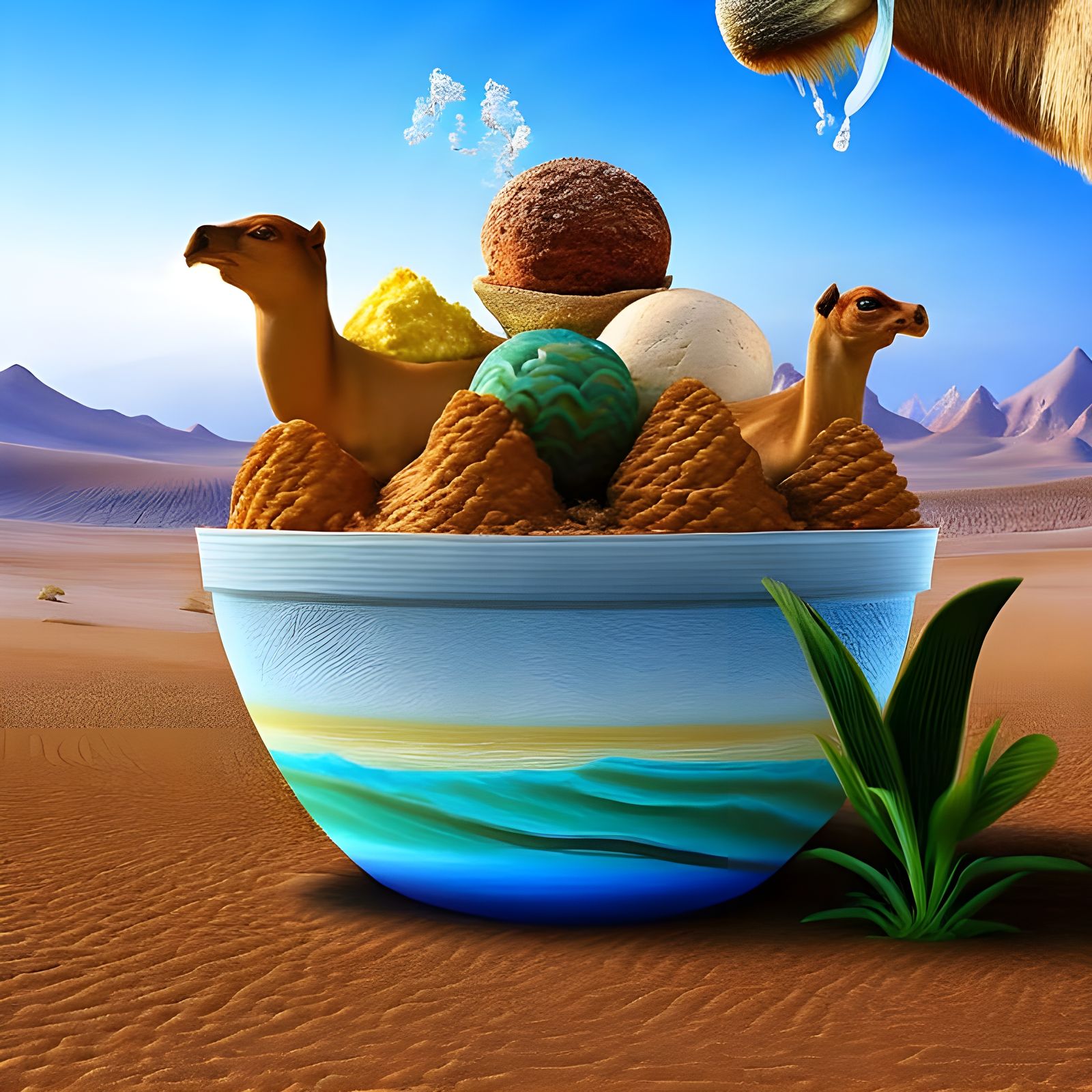 Camel Eating Ice Cream in Desert Oasis