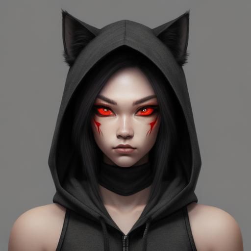 Cat-Human Hybrid with Red Eyes: Charcoal Drawing