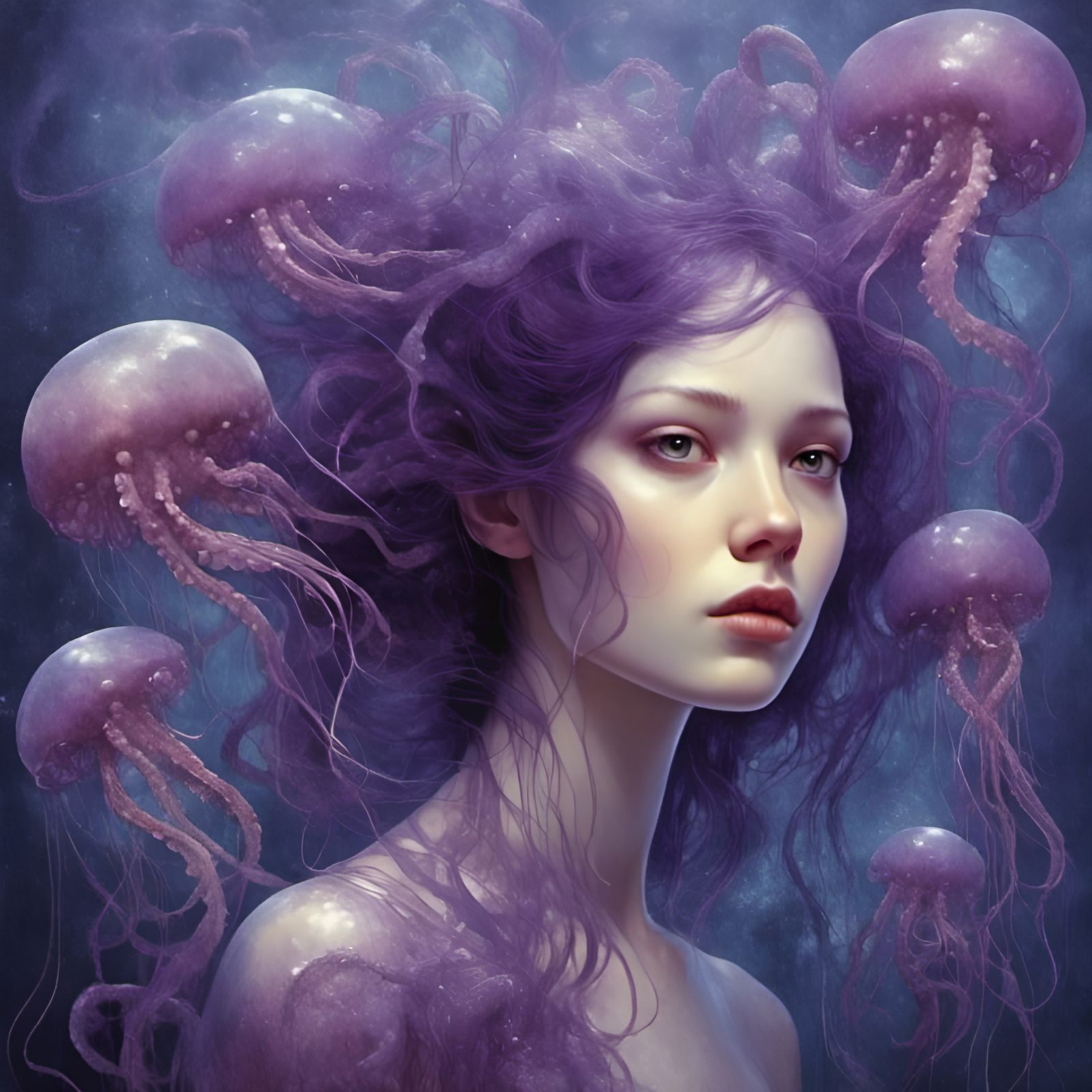 Purple Jellyfish, Seahorse, Octopus in Hyperreal Style