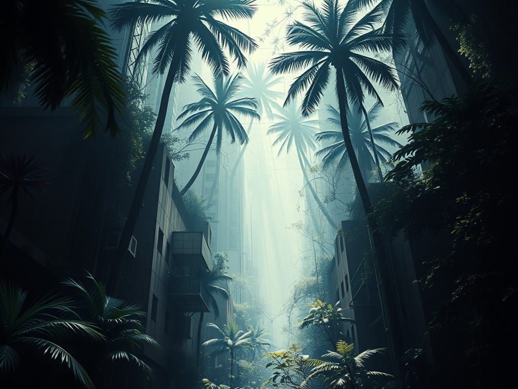 Abstract Cityscape in Vibrant Jungle Hues