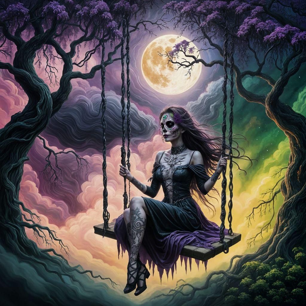 Sugar Skull Woman on Swing Under Full Moon
