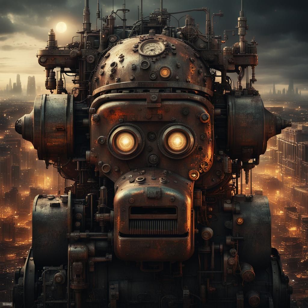 Dystopian Mechanical Face in Crumbling Cityscape