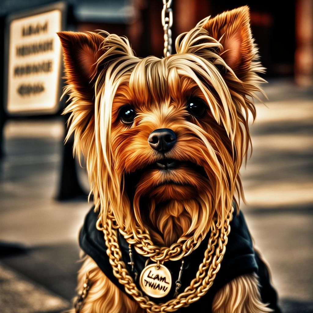 Gangster Yorkie with Gold Chains and "LIAM" Sign