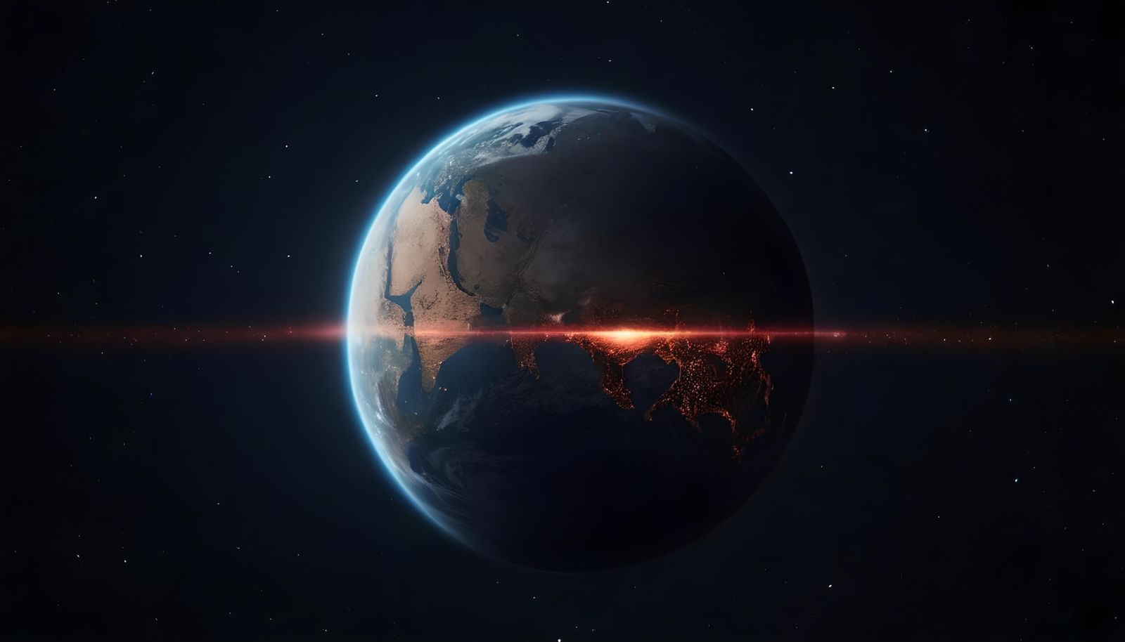 Zoomed-out view of Earth from space, the planet appearing as a small round sphere, dark space surrounding it, faint star...