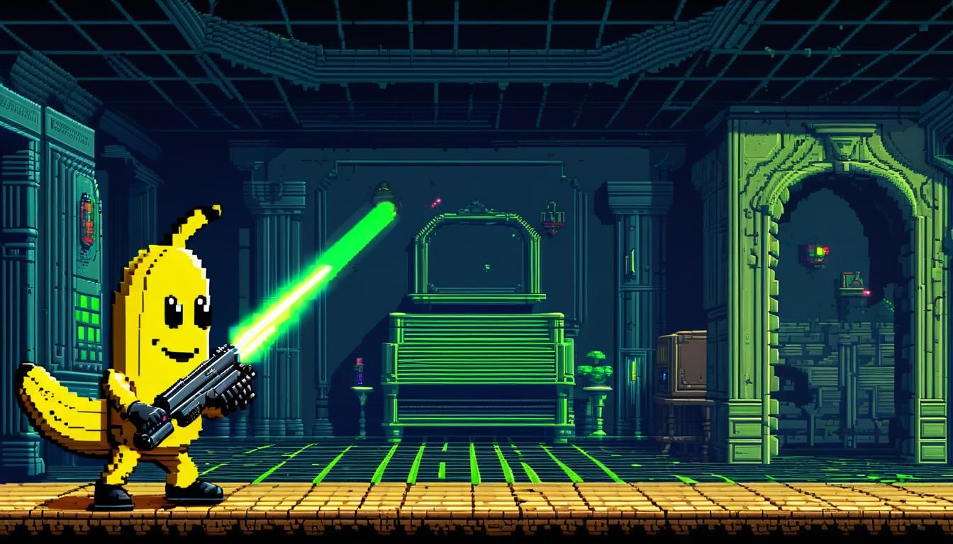 Banana with Lasergun in 8-bit Pixel Art