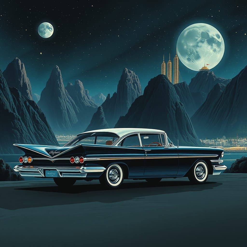 1959 Pontiac Catalina in Retro-Futuristic Cityscape