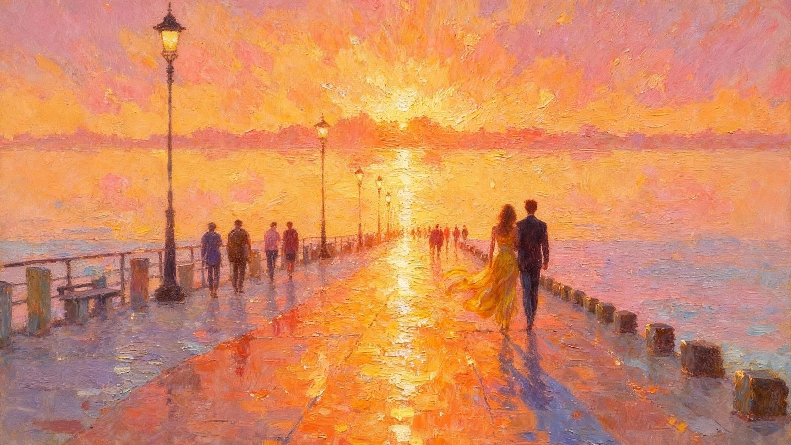 Couple Walking Boardwalk at Sunset Oil Painting