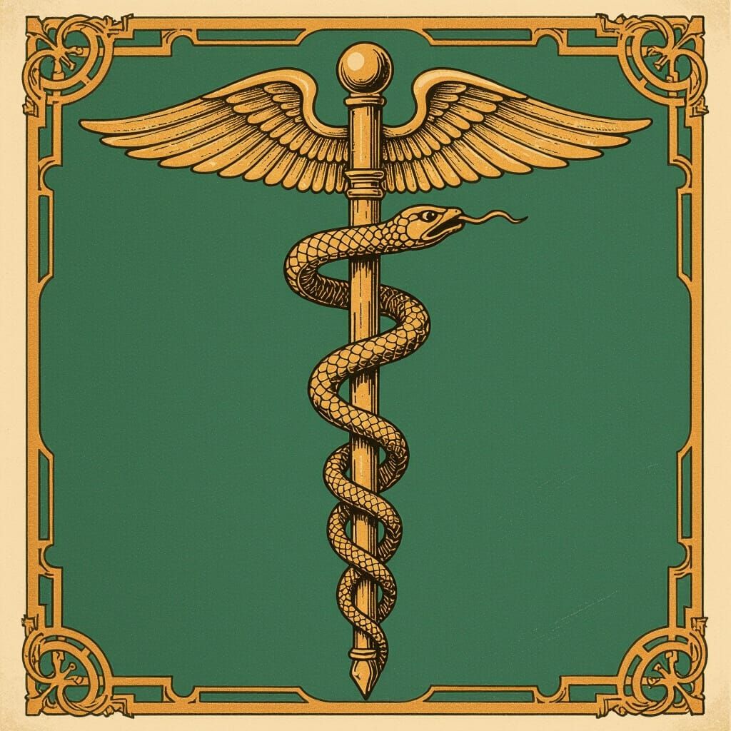 Rod of Asclepius Vintage Illustration in Emerald Green