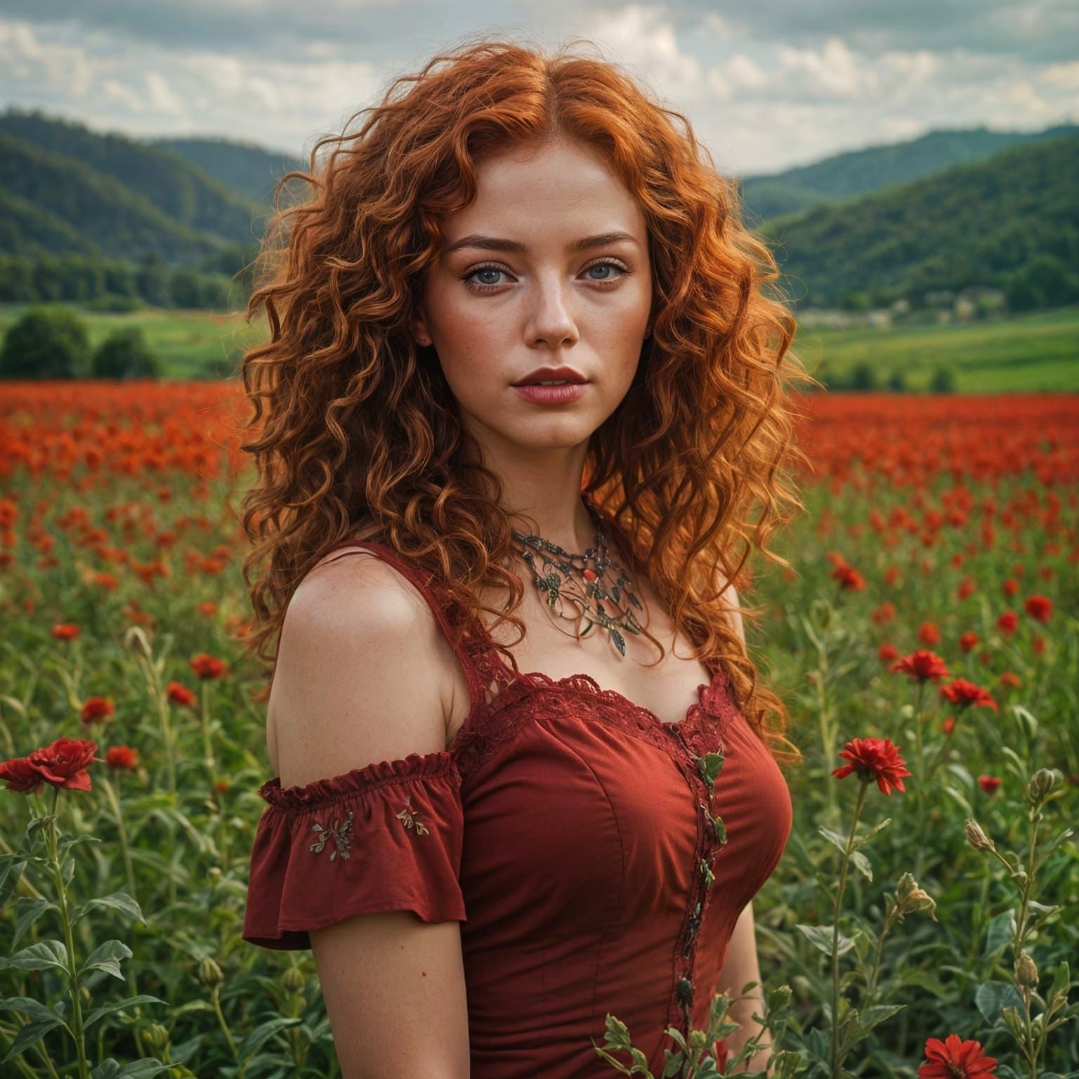 Beautiful Woman with Red Hair in Flower Field