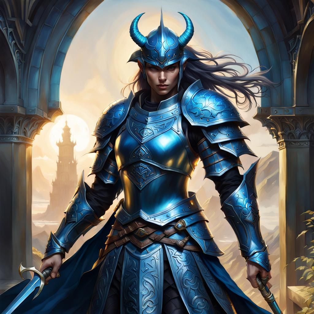 Fantasy Warrior in Intricate Blue and Gold Armor