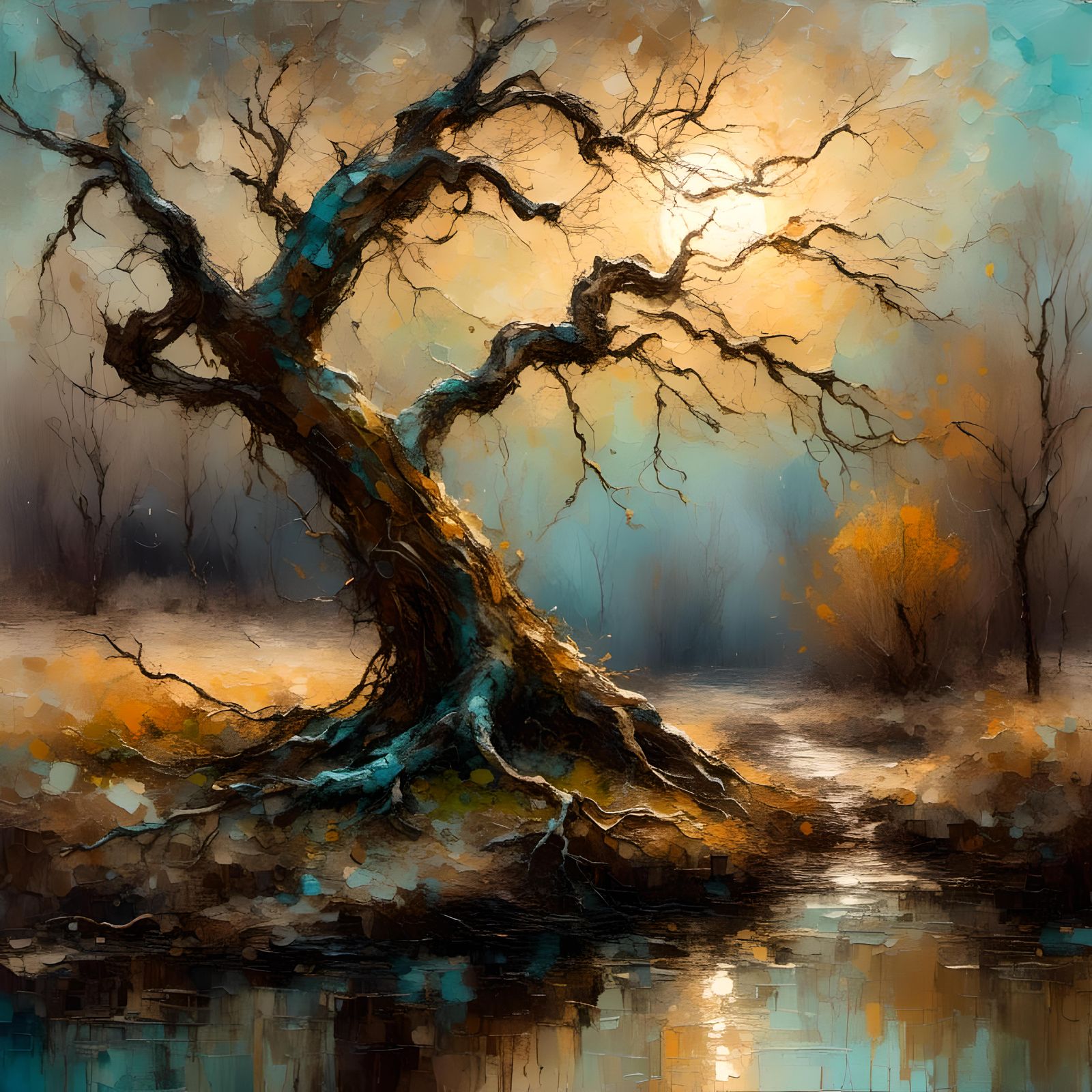Ancient Tree in Impasto Oil Painting Style