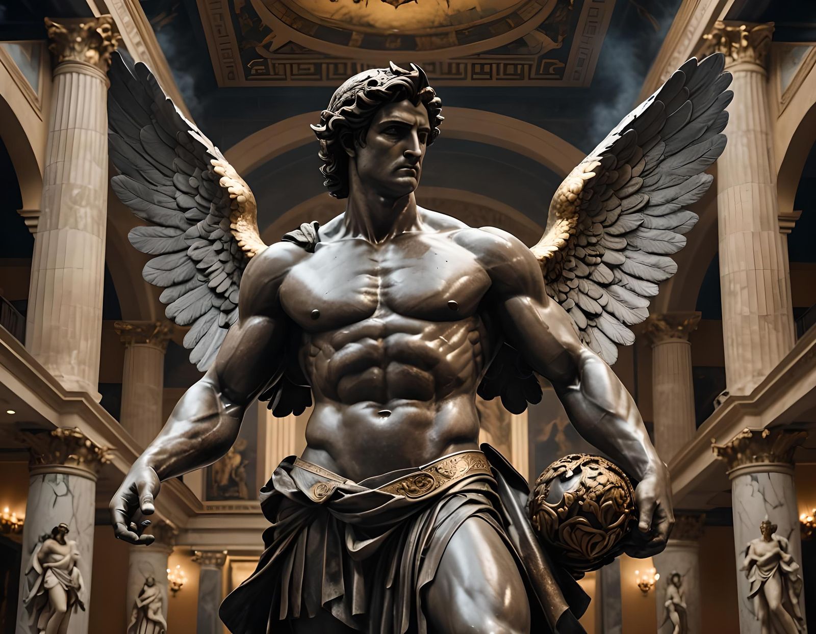 Eros Statue with Angel Wings in a Greek Hall