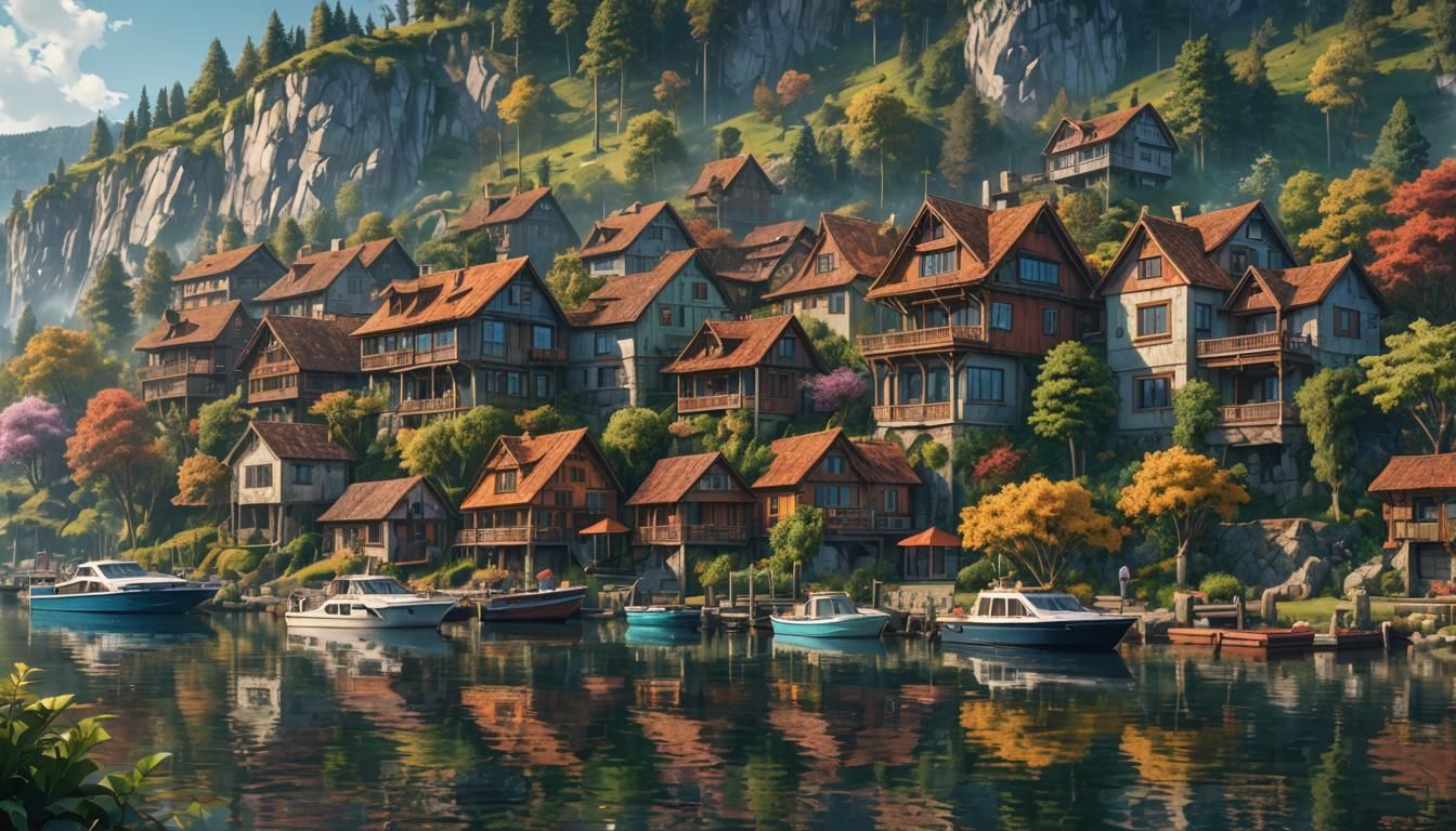 Hyperrealistic Lakeside Home with Boats