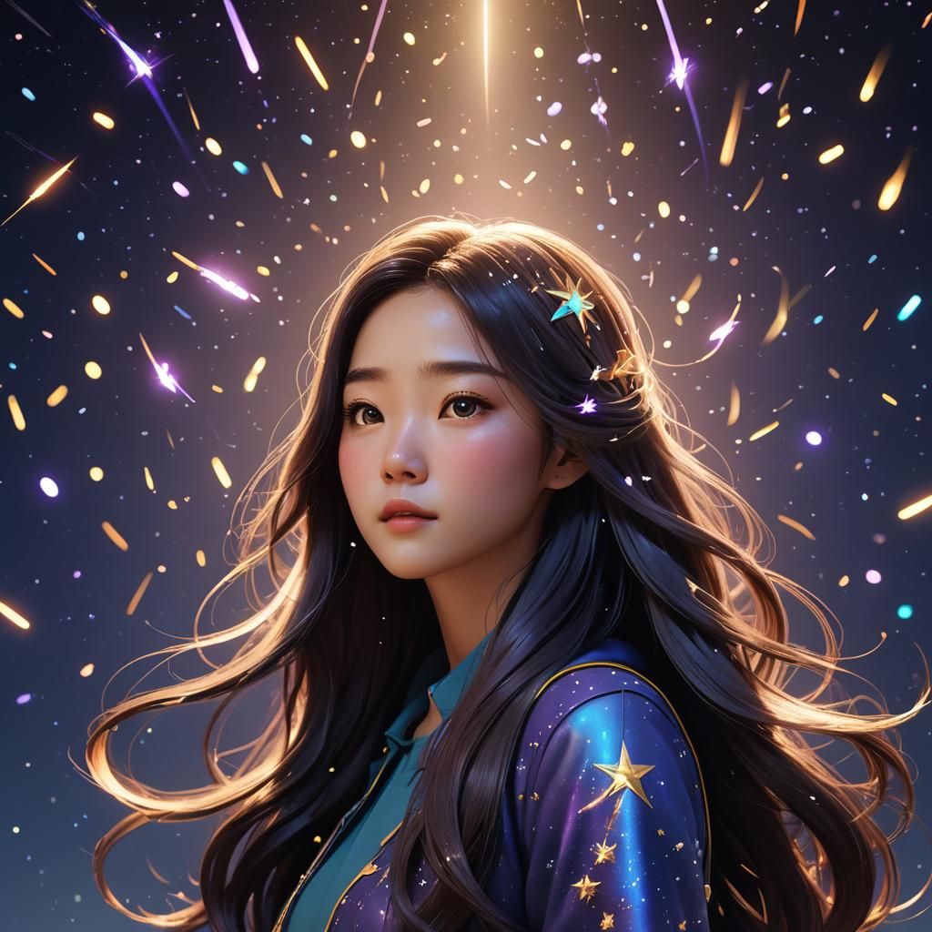 Korean Girl with Shooting Star Hair: 3D Digital Art