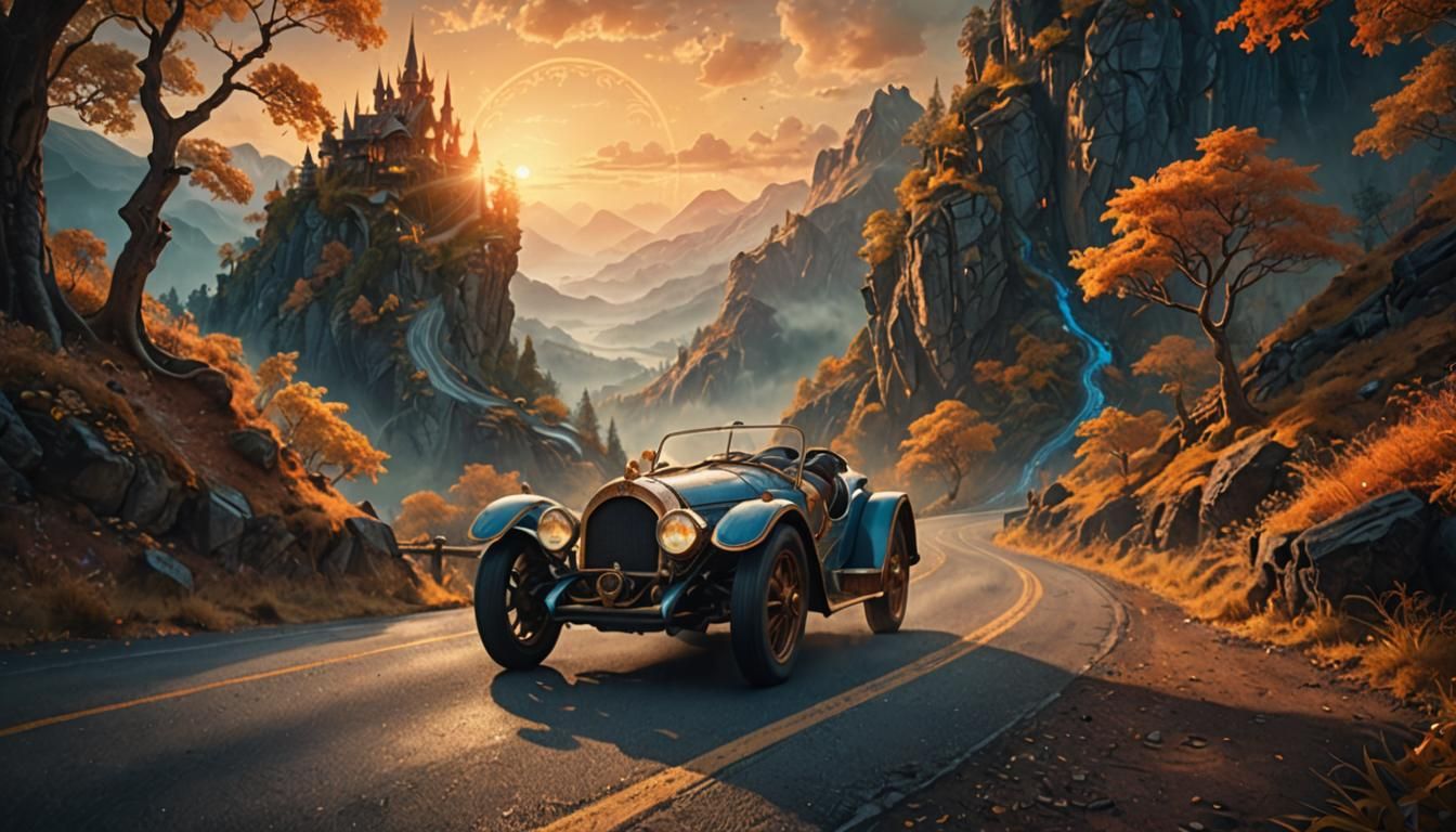 Elven Racecar on Mountain Road in Fantasy Style