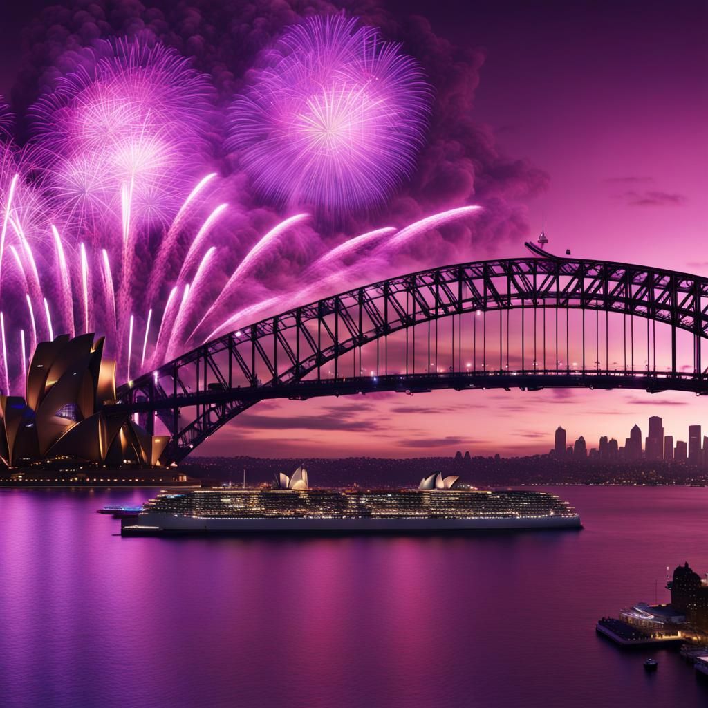 Sydney harbour bridge and opera house. Purple fireworks. New Year