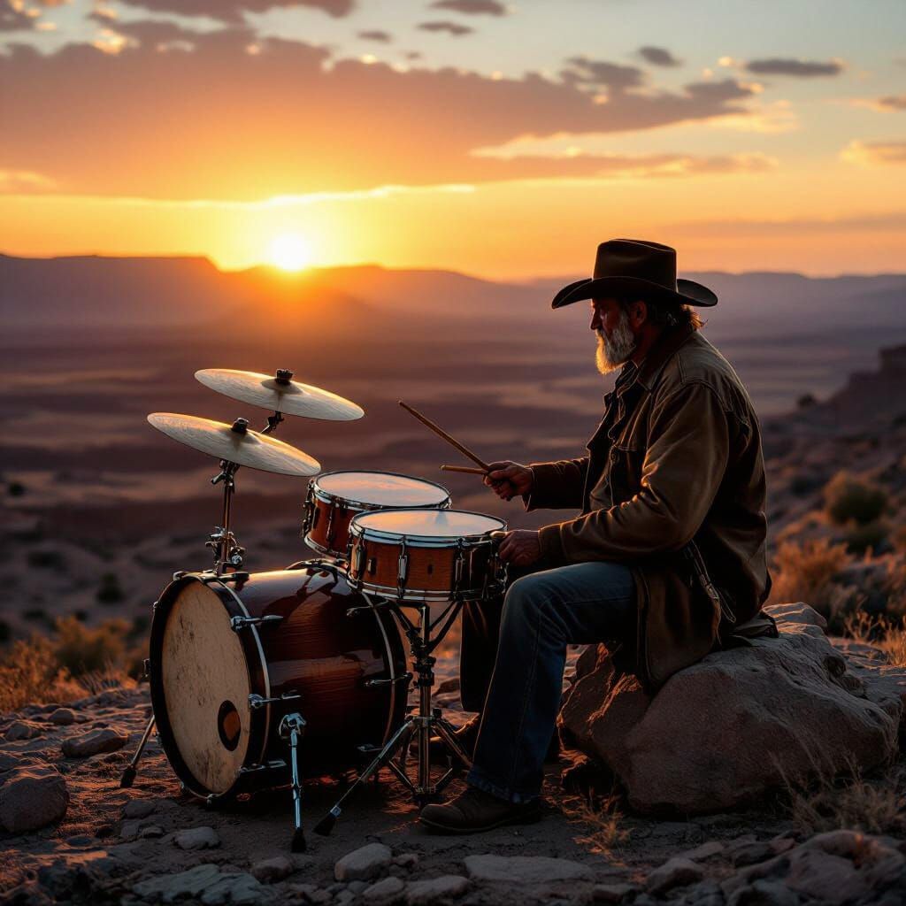 Weathered Drummer in Desert Sunset, Western Film Style
