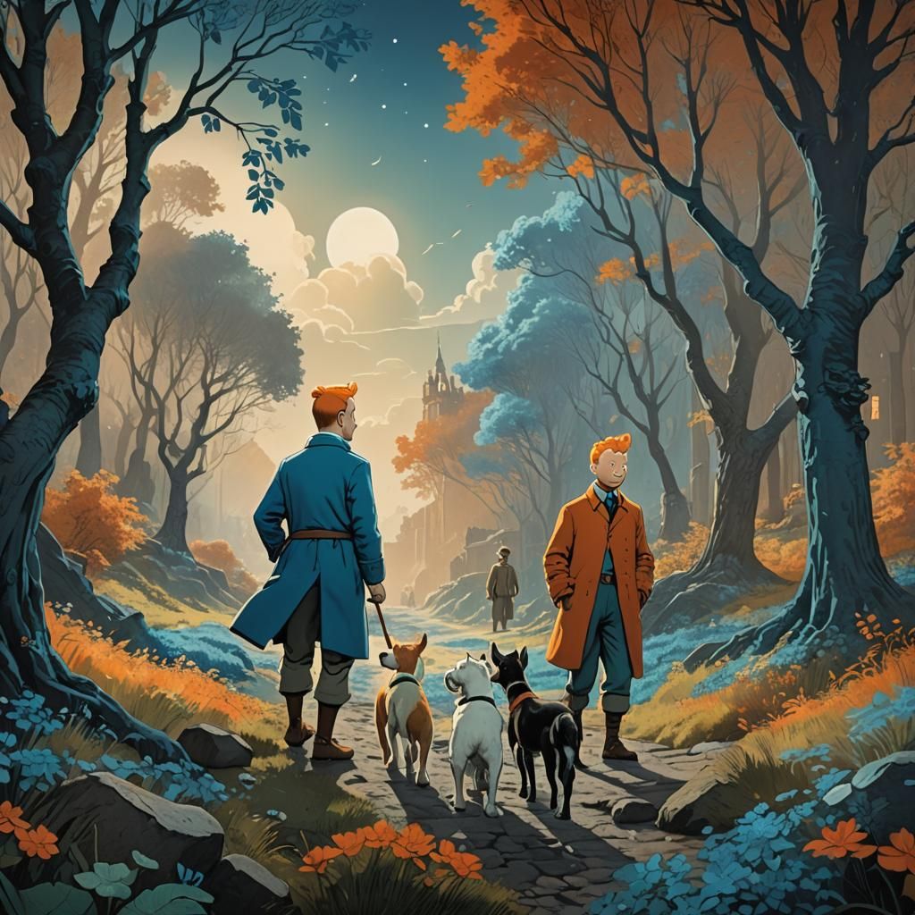 Tintin and Snowy in Dreamlike Impressionist Style