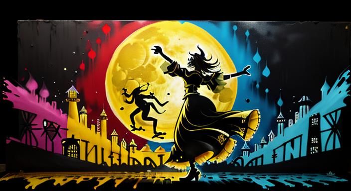 Lighthouse Silhouette with Dancing Girl in Graffiti Art