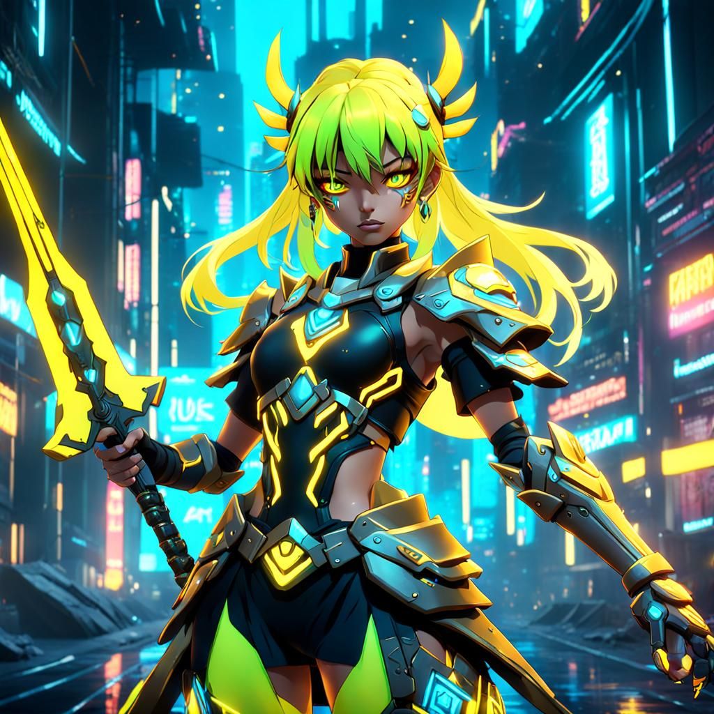 Neon Anime Warrior Girl: Detailed Digital Art