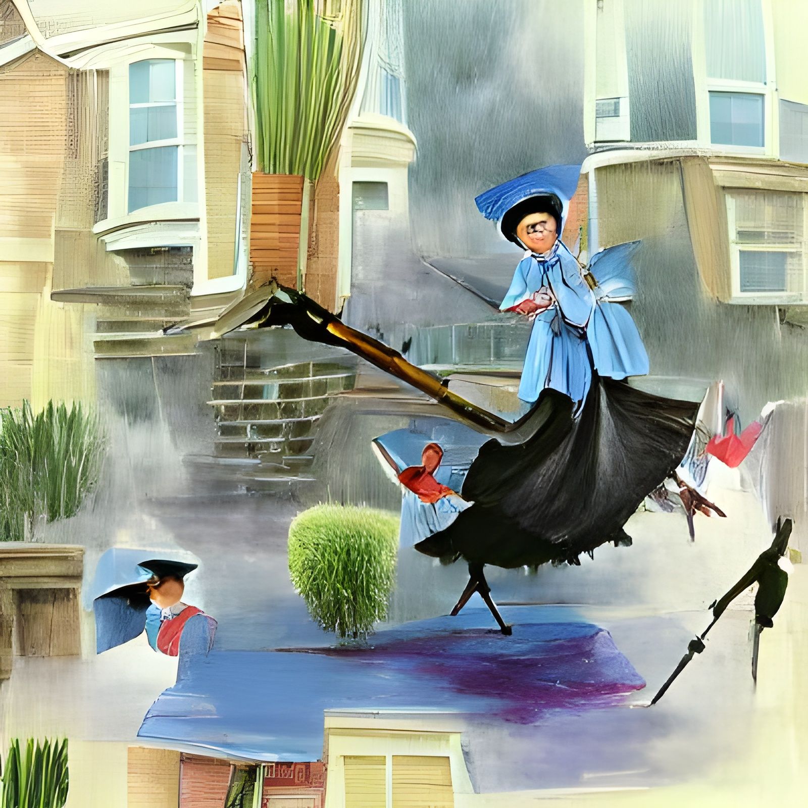 Mary Poppins on her Broom Illustration