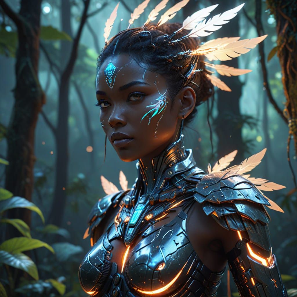 Biomechanical African Goddess in a Futuristic Rainforest