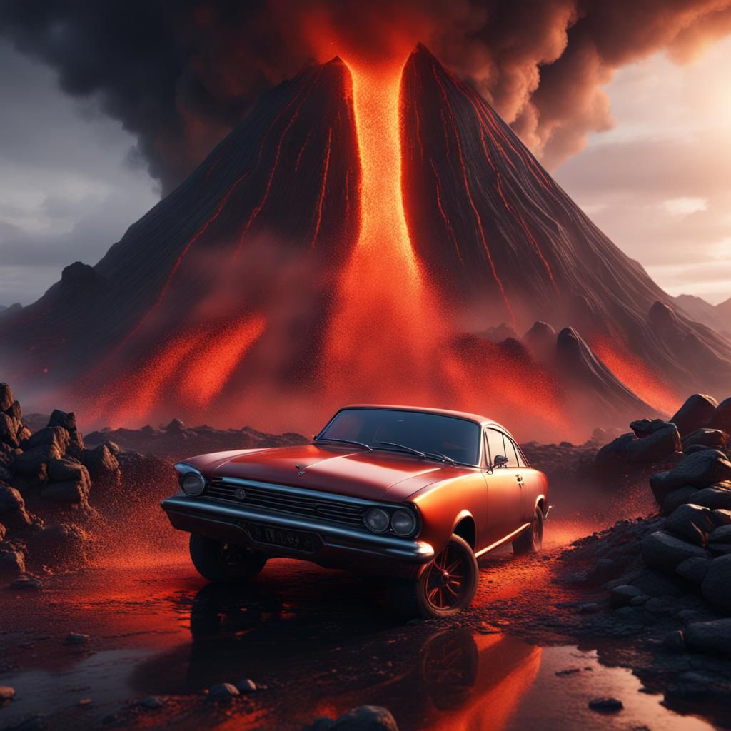 Car in Volcano: Detailed Matte Painting