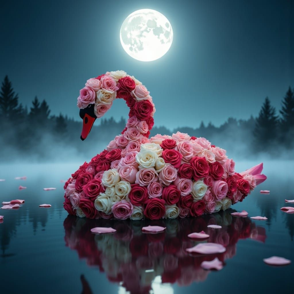 Majestic Swan Made of Roses on Moonlit Lake
