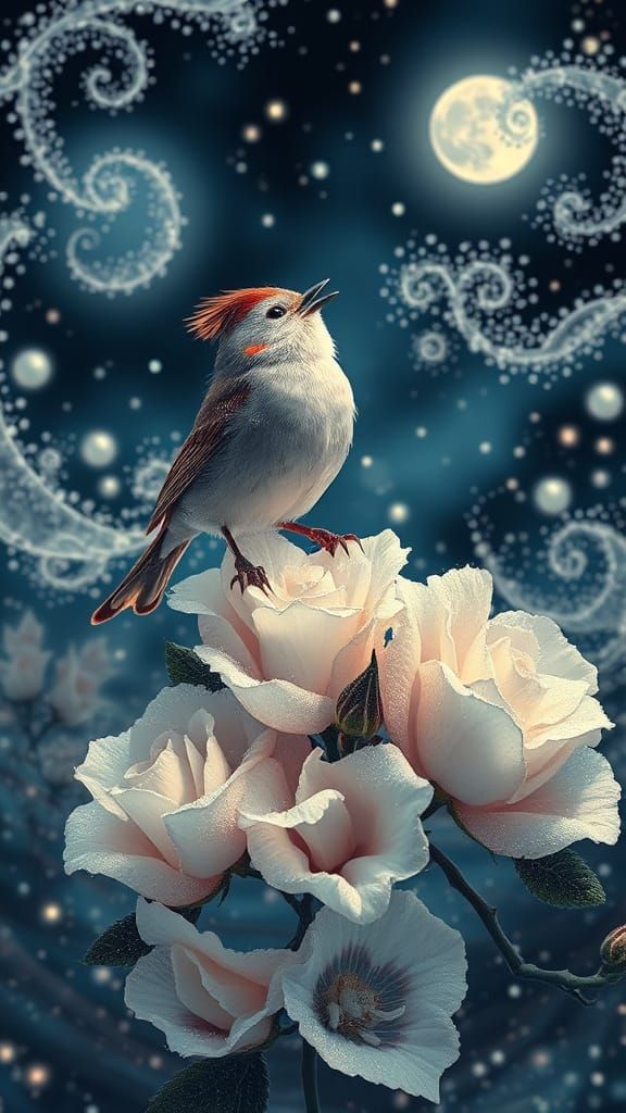 Moonlit Carnival Scene with Whimsical Bird and Fractal Patte...