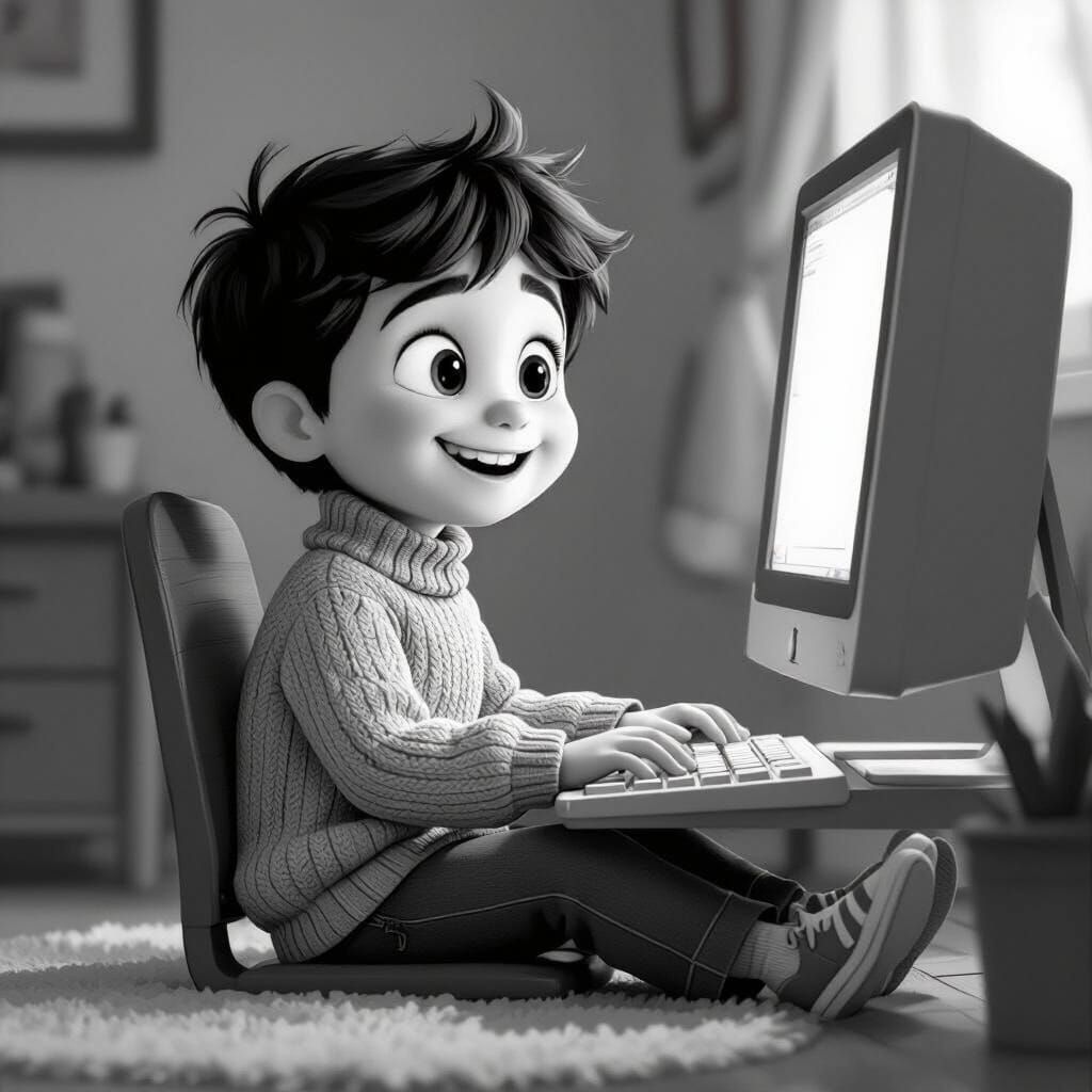 Pixar Style Cartoon of Child at Computer