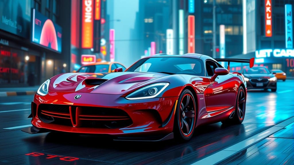 Futuristic Dodge Viper SRT10 Races Through Cyberpunk City