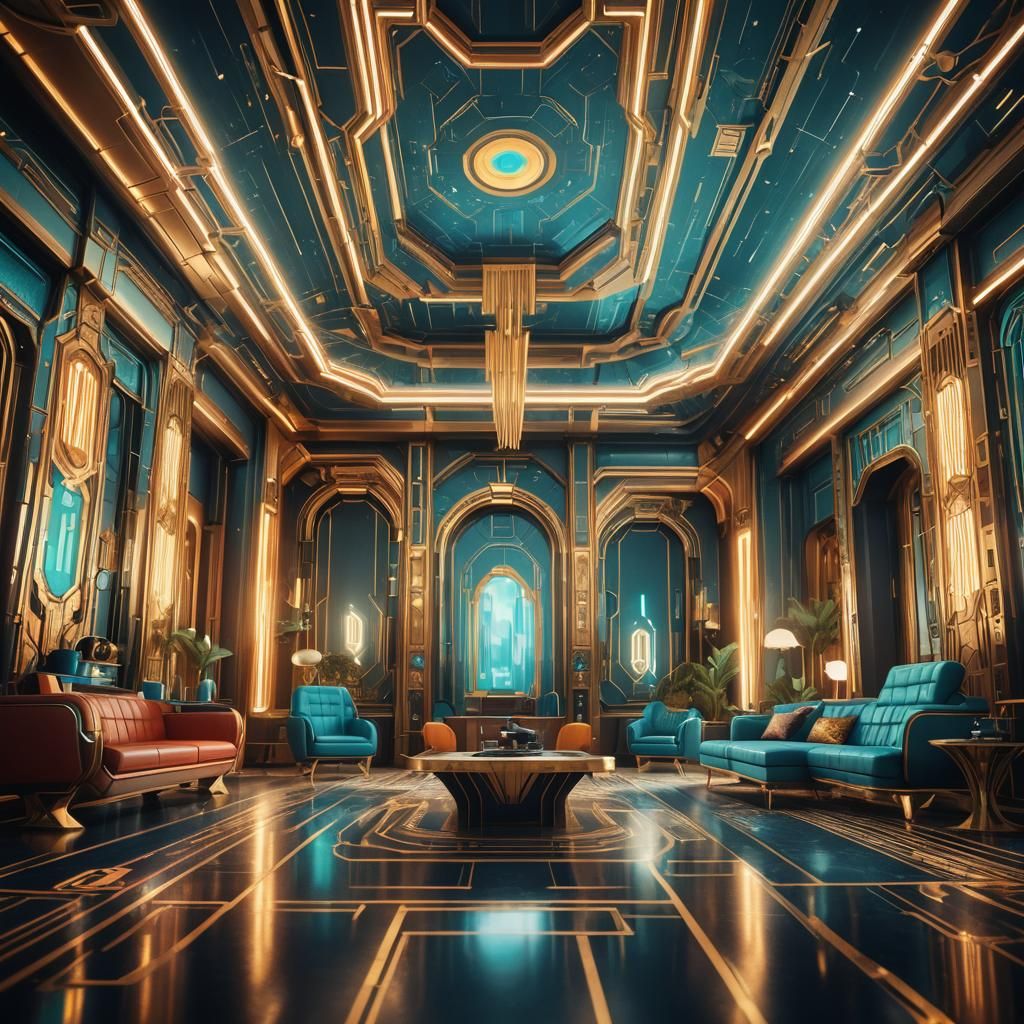 Futuristic Art Deco Room with Neon Lighting