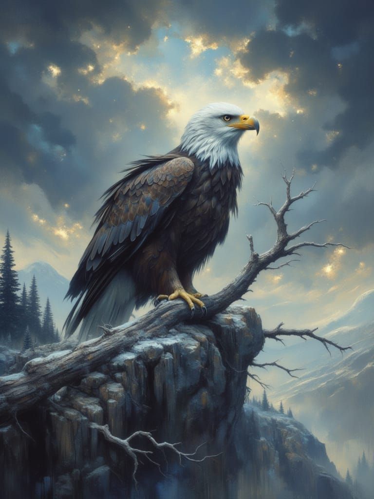 Ethereal Wildlife Portrait: Majestic Bald Eagle in Stormy Sk...