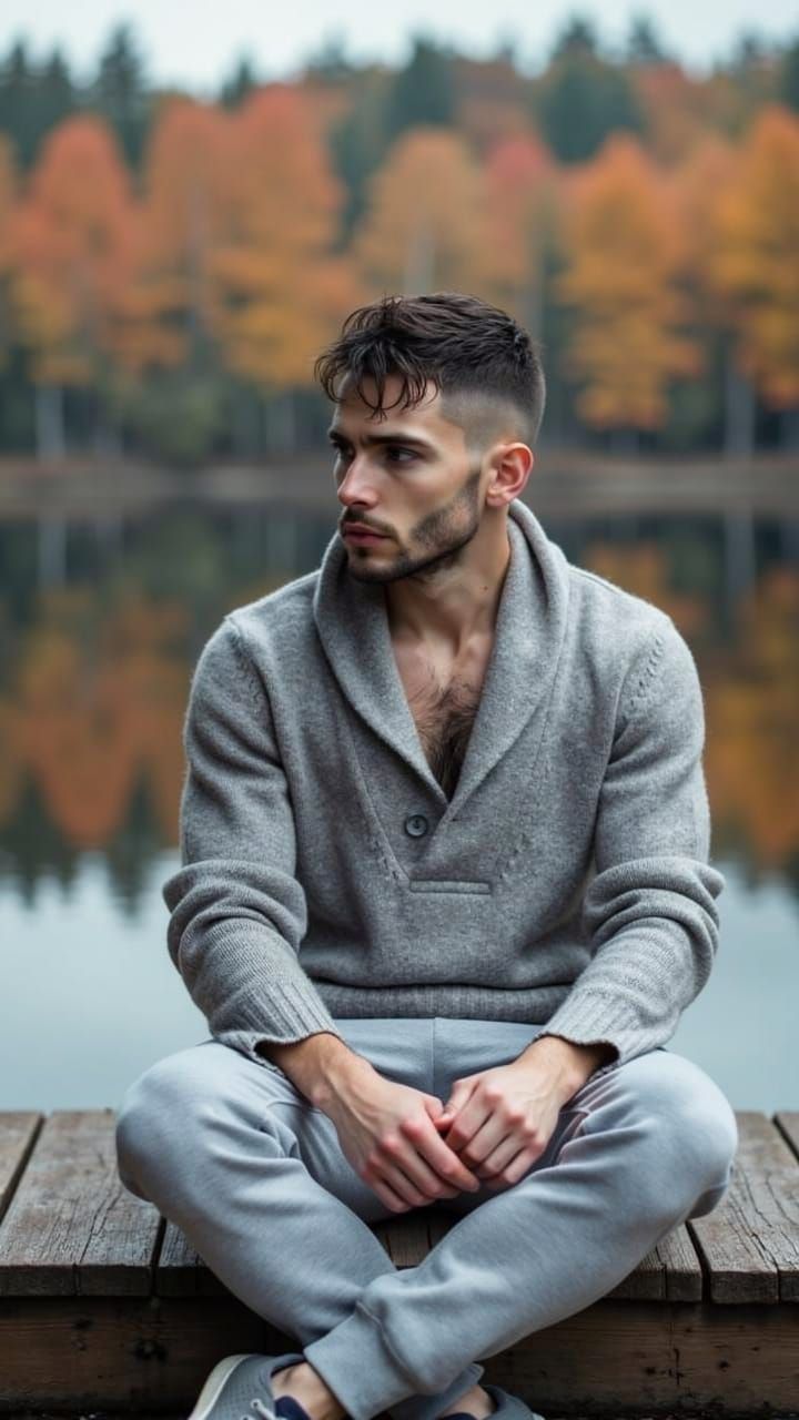 Man on Dock Reflecting Autumn Lake
