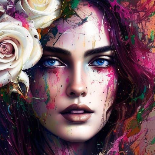 Elegant Woman Portrait with Roses in Splash Art Style