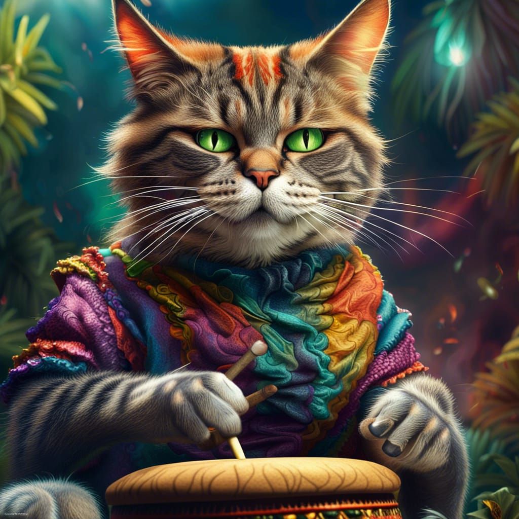 Hyperrealistic Cat Playing Bongos and Smoking