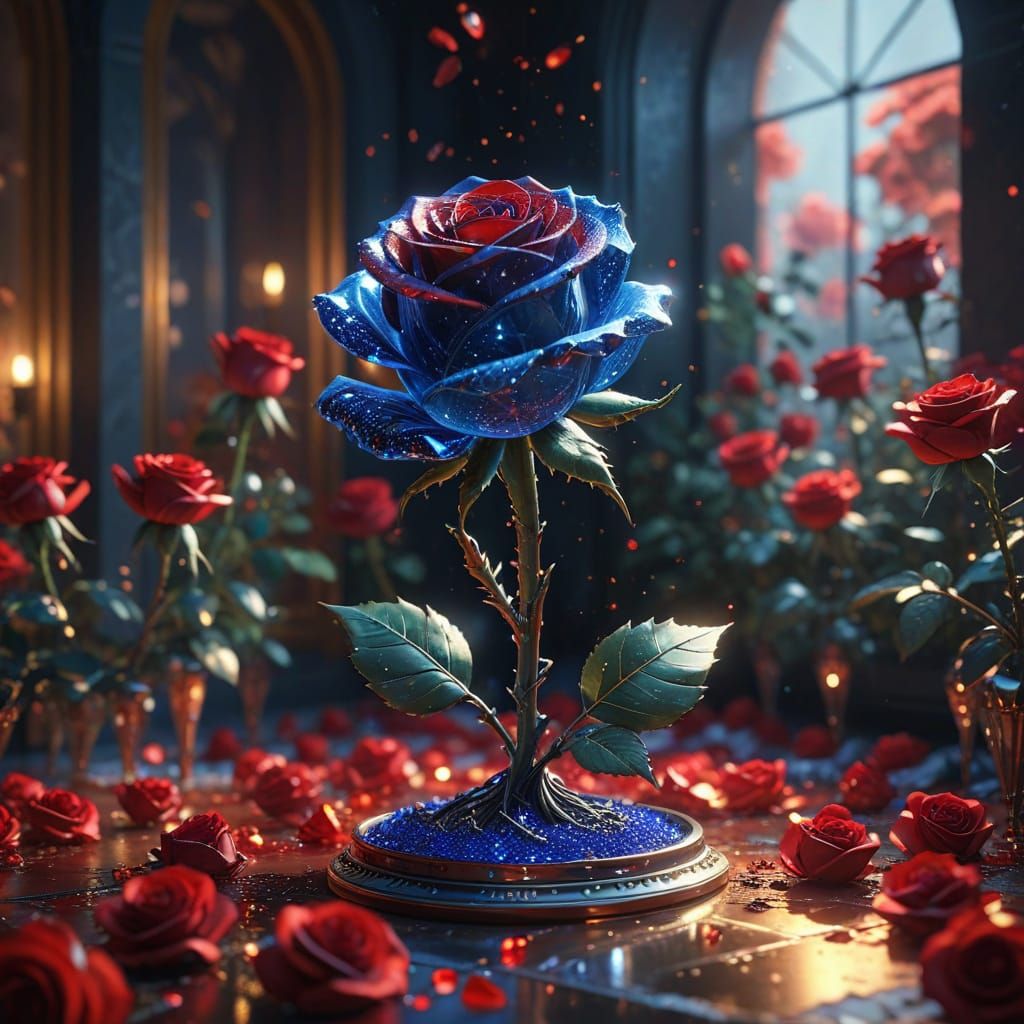 Surreal Blue Crystal Rose in a Red Rose Boutique, Detailed M...