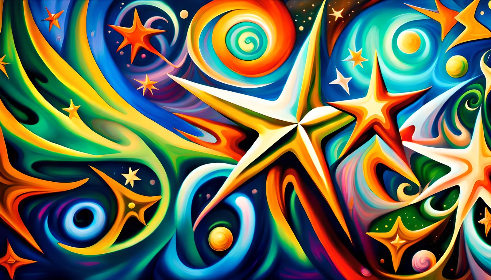 Colorful Star-Beings in Swirling Plasma, Impasto Oil