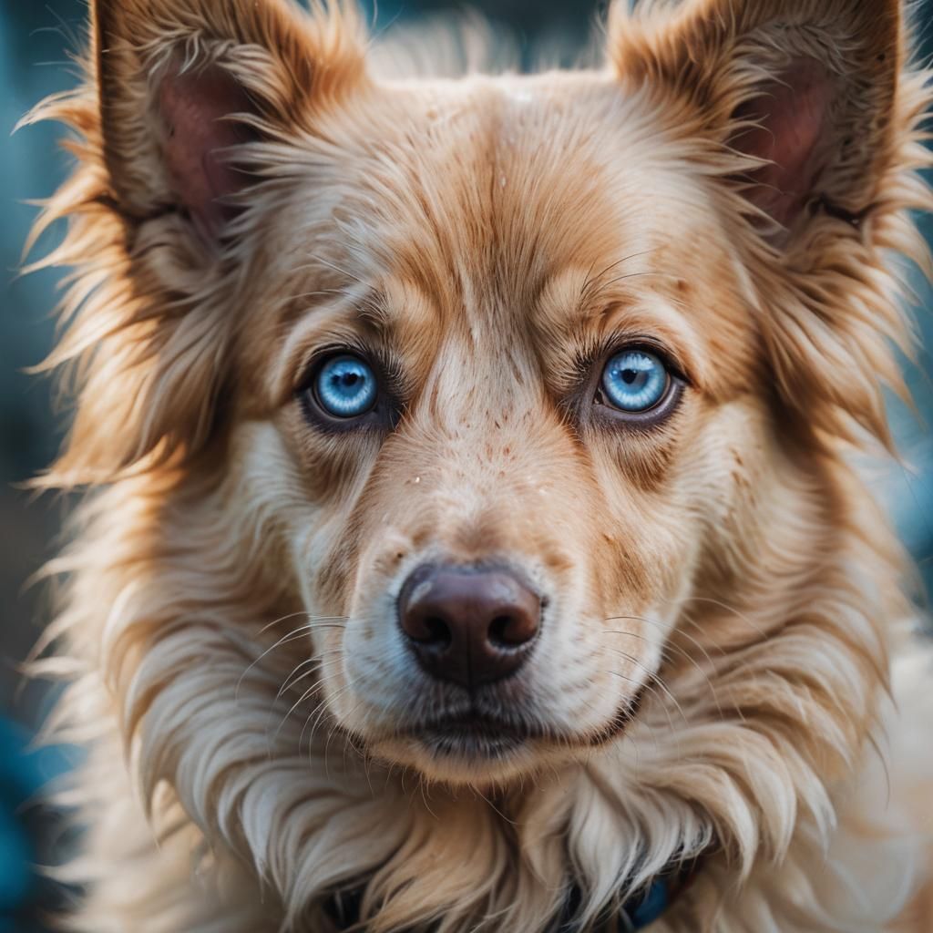 Whimsical Close-Up Pet Portrait of a Blue-Eyed Dog