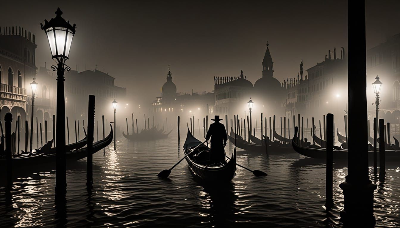 Gondolier Silhouette in Midnight Fog
