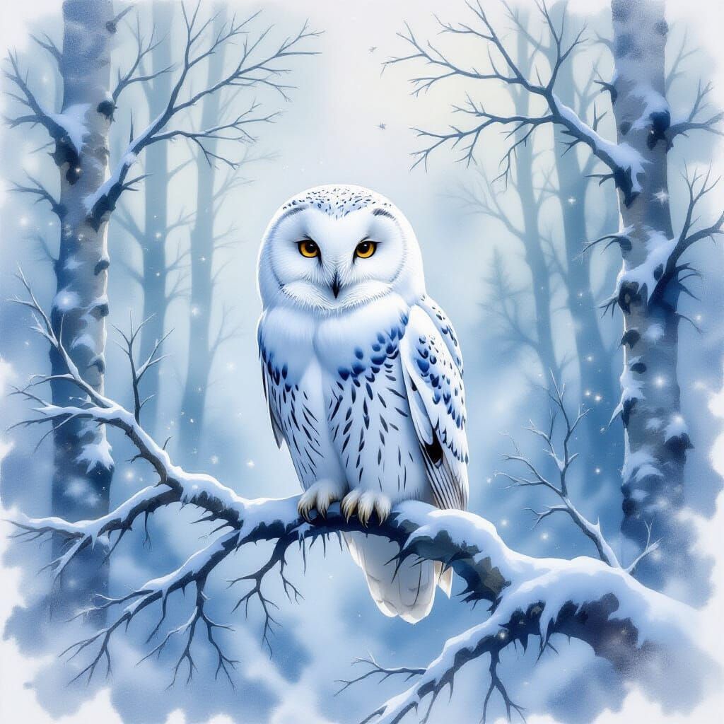 Majestic Snow Owl in Enchanted Forest Watercolor