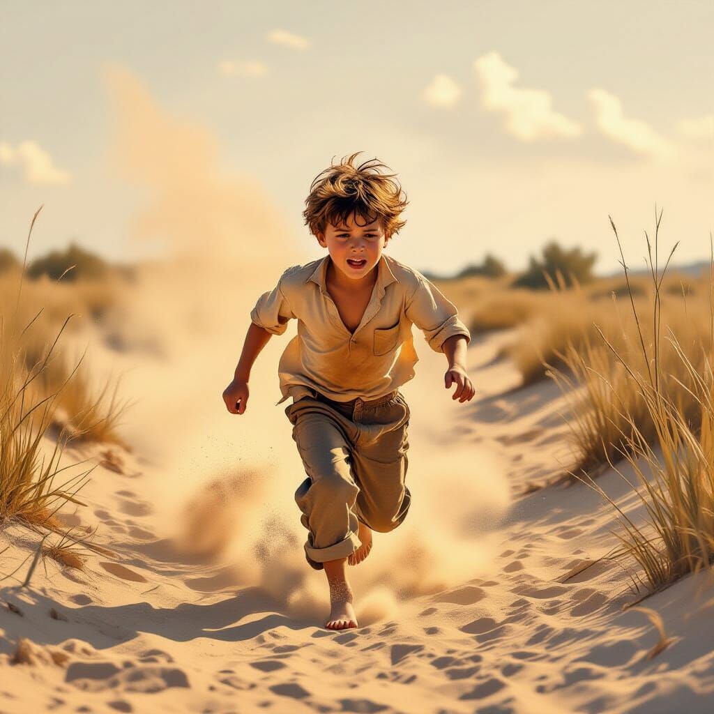 Boy Running Through Dust Kicking Up Sand in Painterly Style