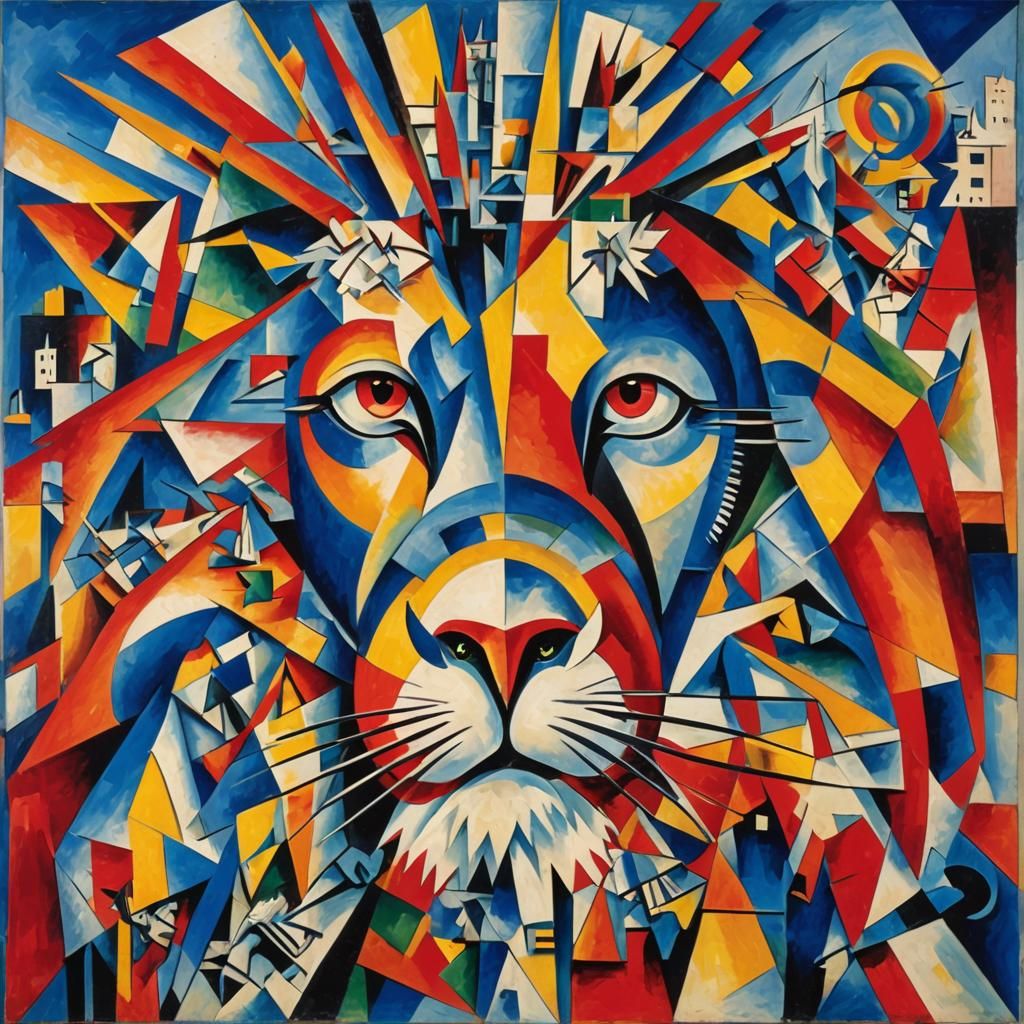 Abstract Cubist Animals in a Geometric Cityscape